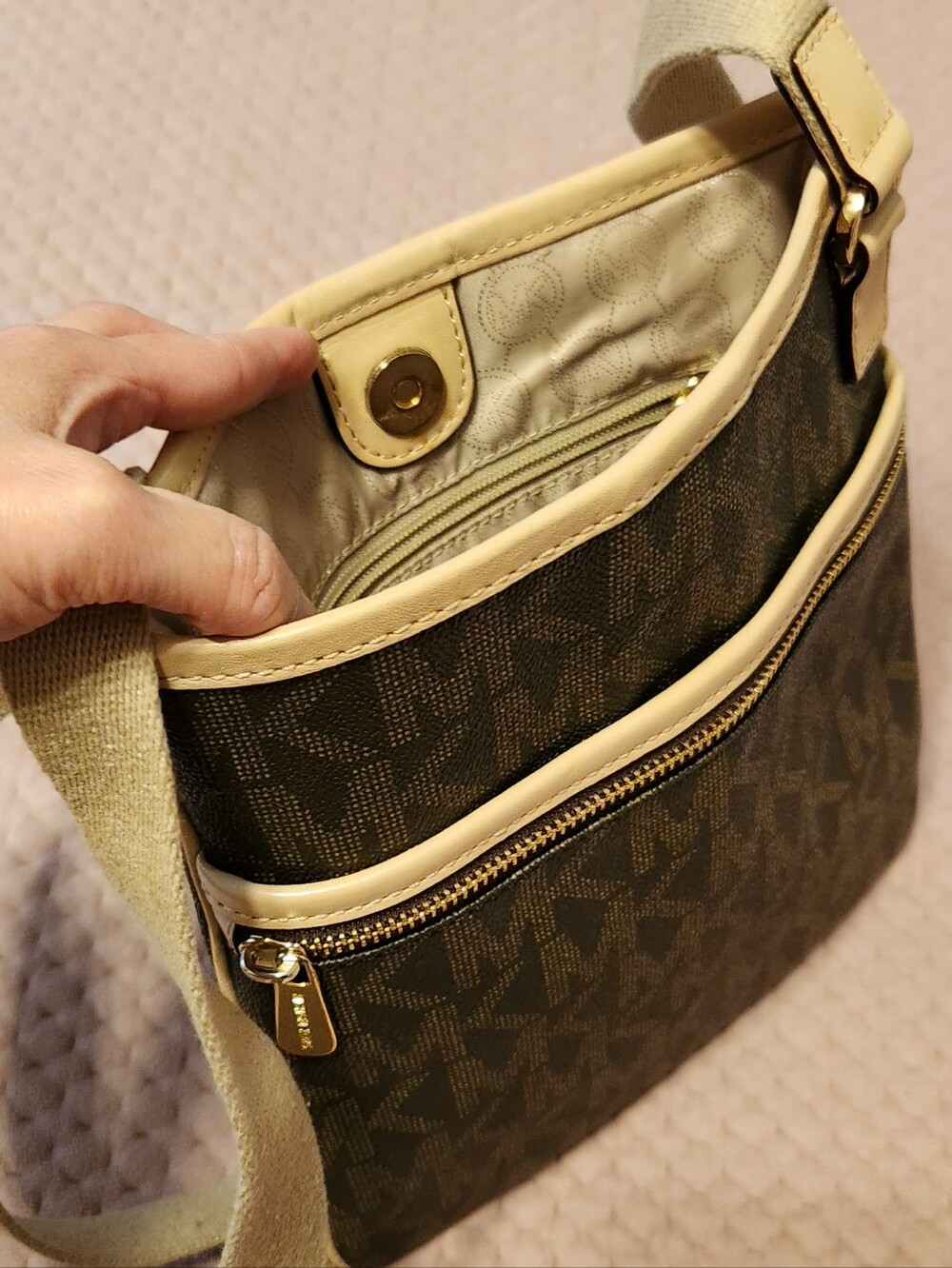 Michael Kors Collection Brown Monogram Crossbody with Cream Trim